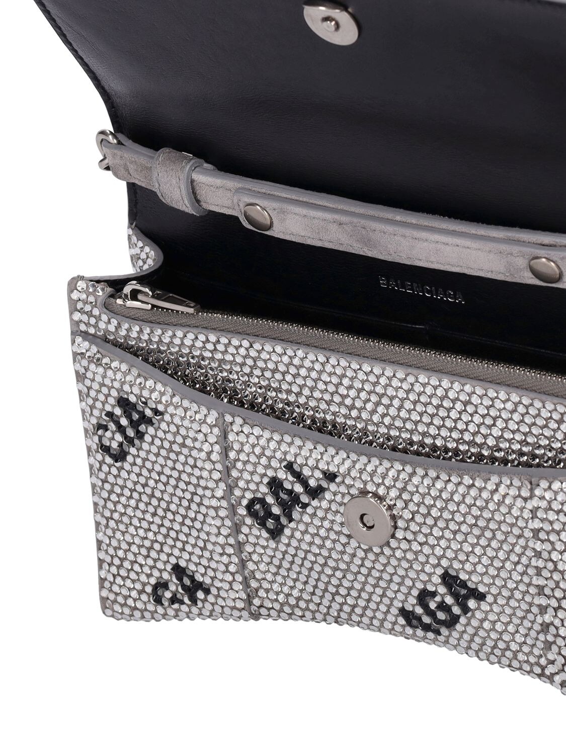 Shop Balenciaga Hourglass Logo Strass Chain Wallet In Silver,black