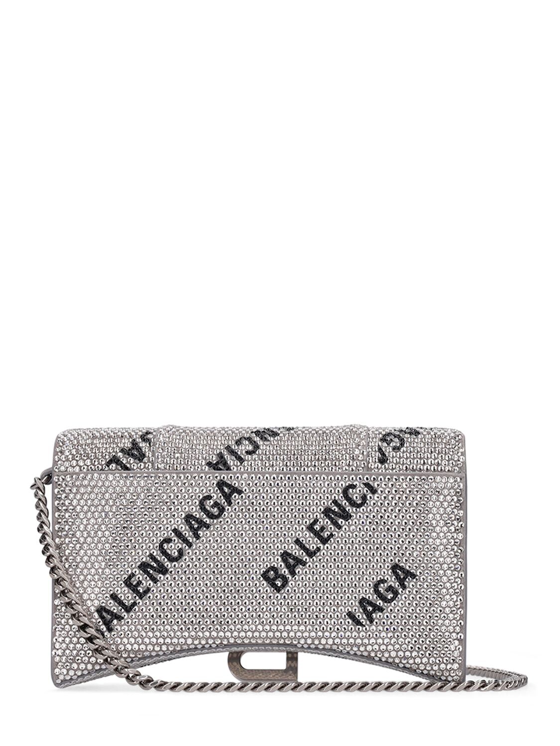 Shop Balenciaga Hourglass Logo Strass Chain Wallet In Silver,black