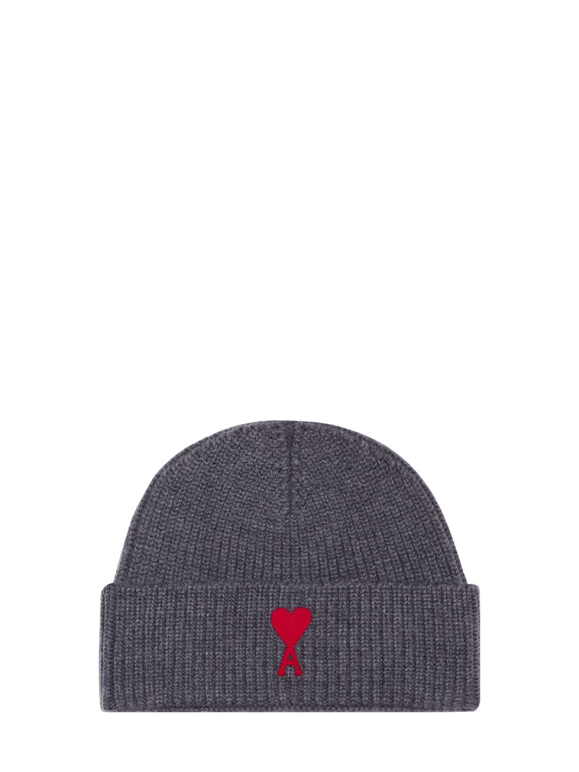 Ami Alexandre Mattiussi Logo Heart Patch Wool Knit Hat In Grey,red