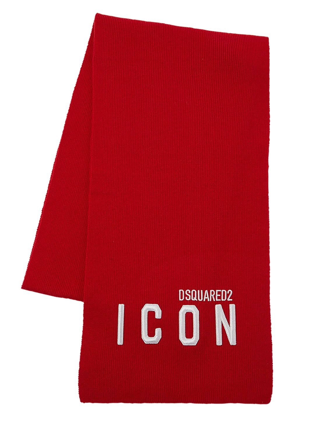 Dsquared2 Icon Patch Wool Knit Scarf In Red,white