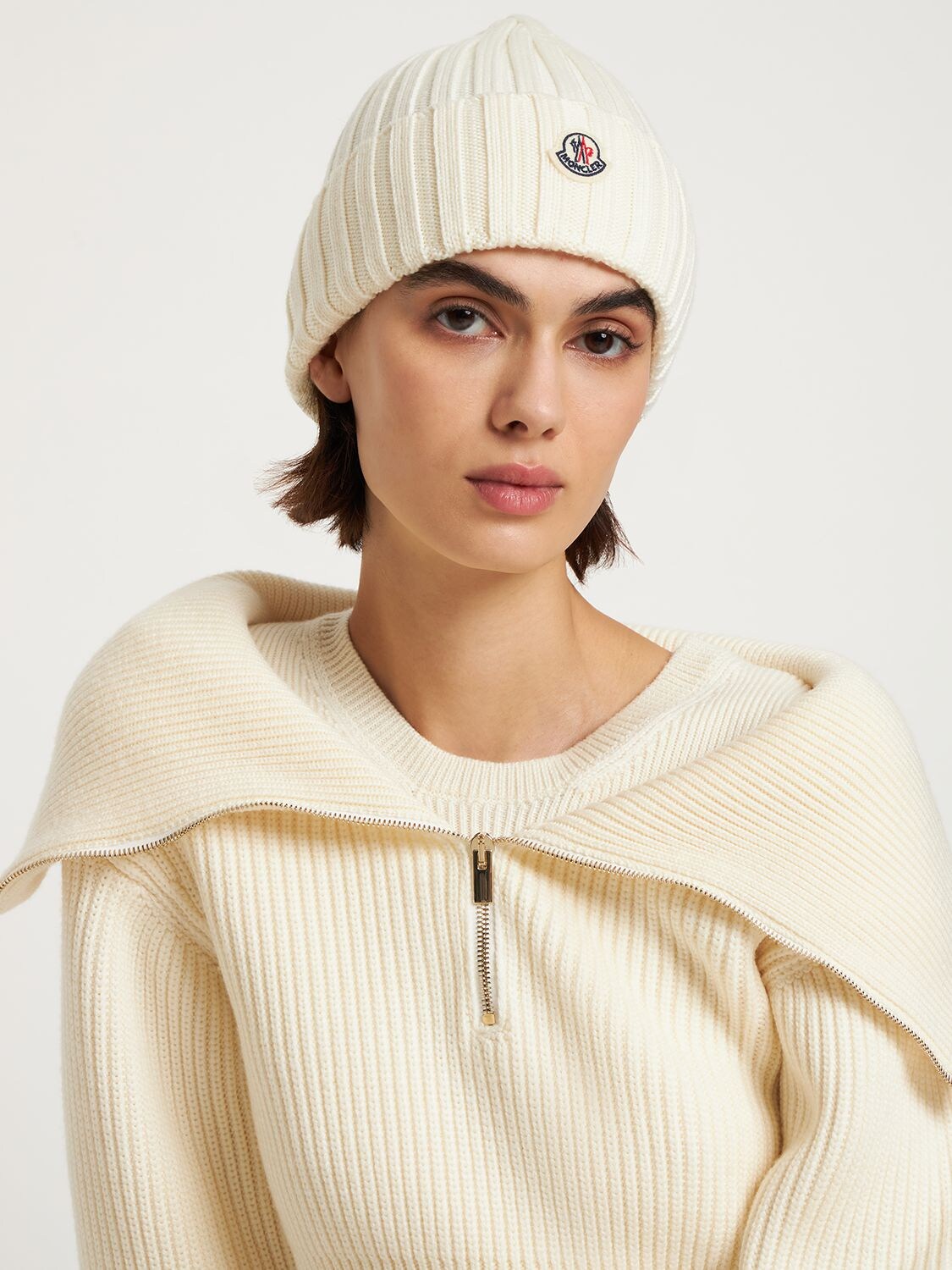 Shop Moncler Knitted Wool Hat In White