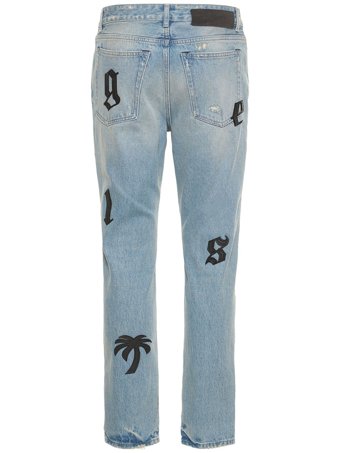 Shop Palm Angels Logo Patch Cotton Denim Jeans In Blue,black