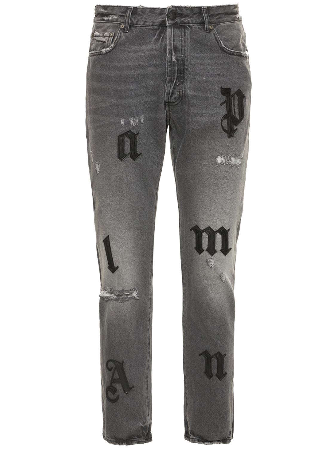 Shop Palm Angels Logo Patch Cotton Denim Jeans In Grey