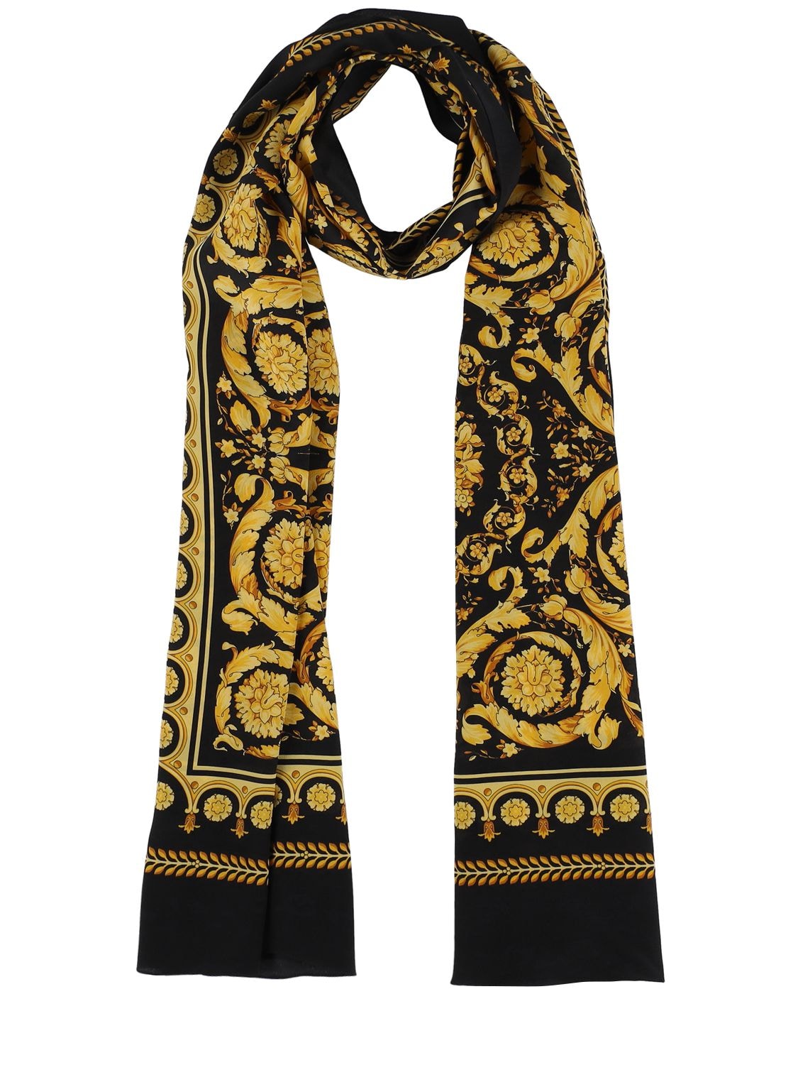 Versace Barocco Print Silk Crespo Scarf In Black,gold | ModeSens