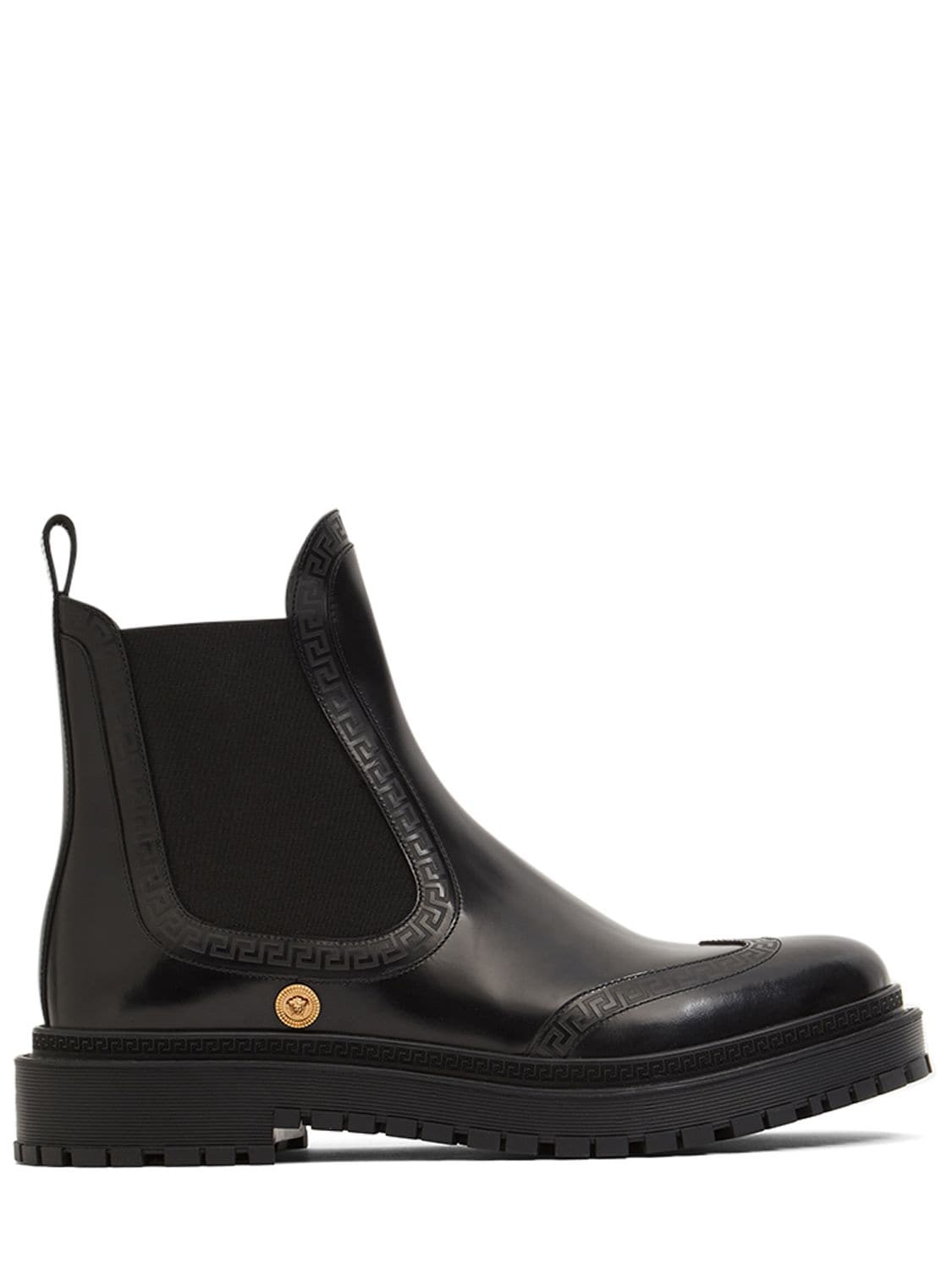 Versace Greca Coin Leather Boots In | ModeSens