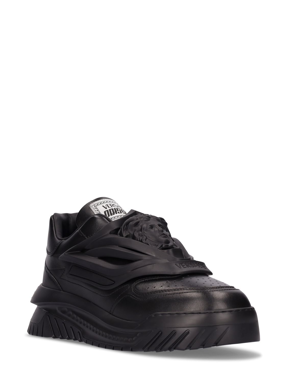 Shop Versace Leather Sneakers In Black