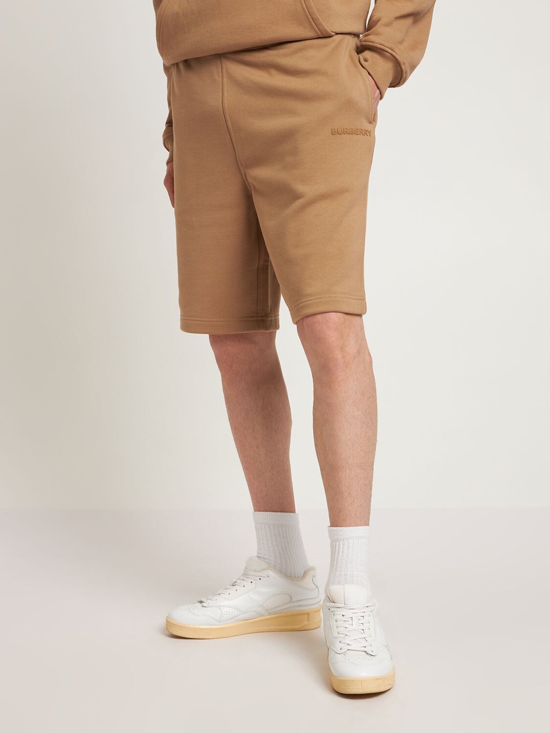 Shop Burberry Raphael Logo Cotton Jersey Sweat Shorts In Camel