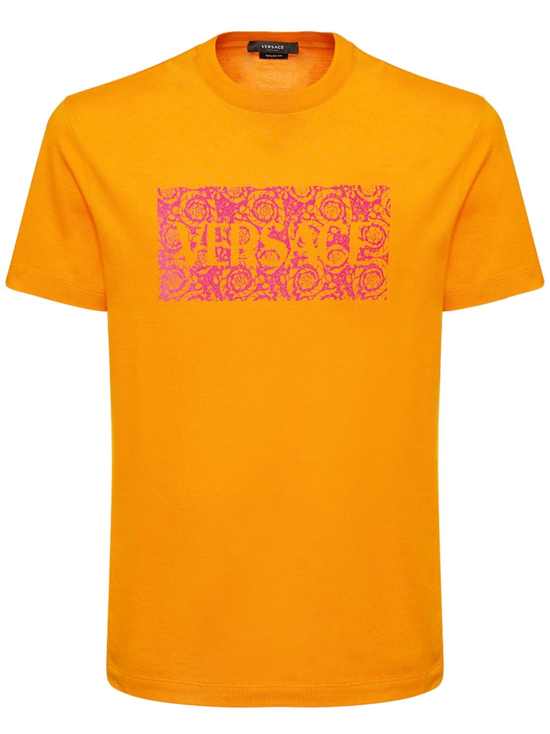 Versace Baroque Flocked Cotton T-shirt In Orange