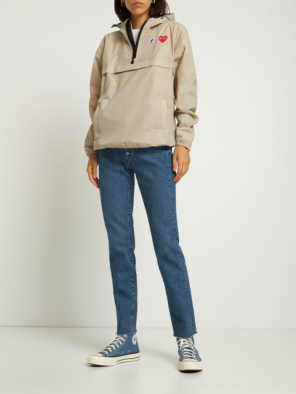 Shop Comme Des Garçons Play Logo Nylon Half Zip Jacket In Beige