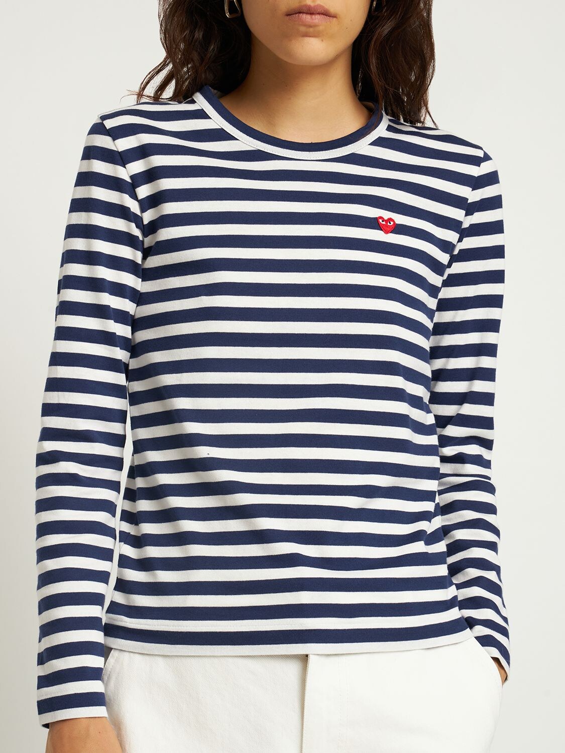 Shop Comme Des Garçons Play Striped Logo Cotton T-shirt In Navy,white