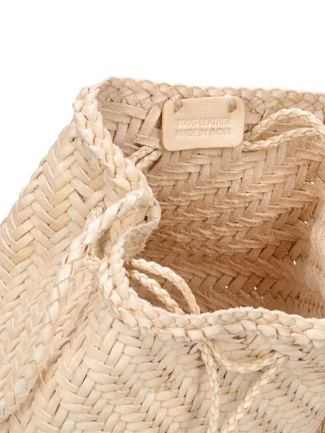 Shop Dragon Diffusion Pompom Doublej Woven Leather Basket Bag In Biscuit