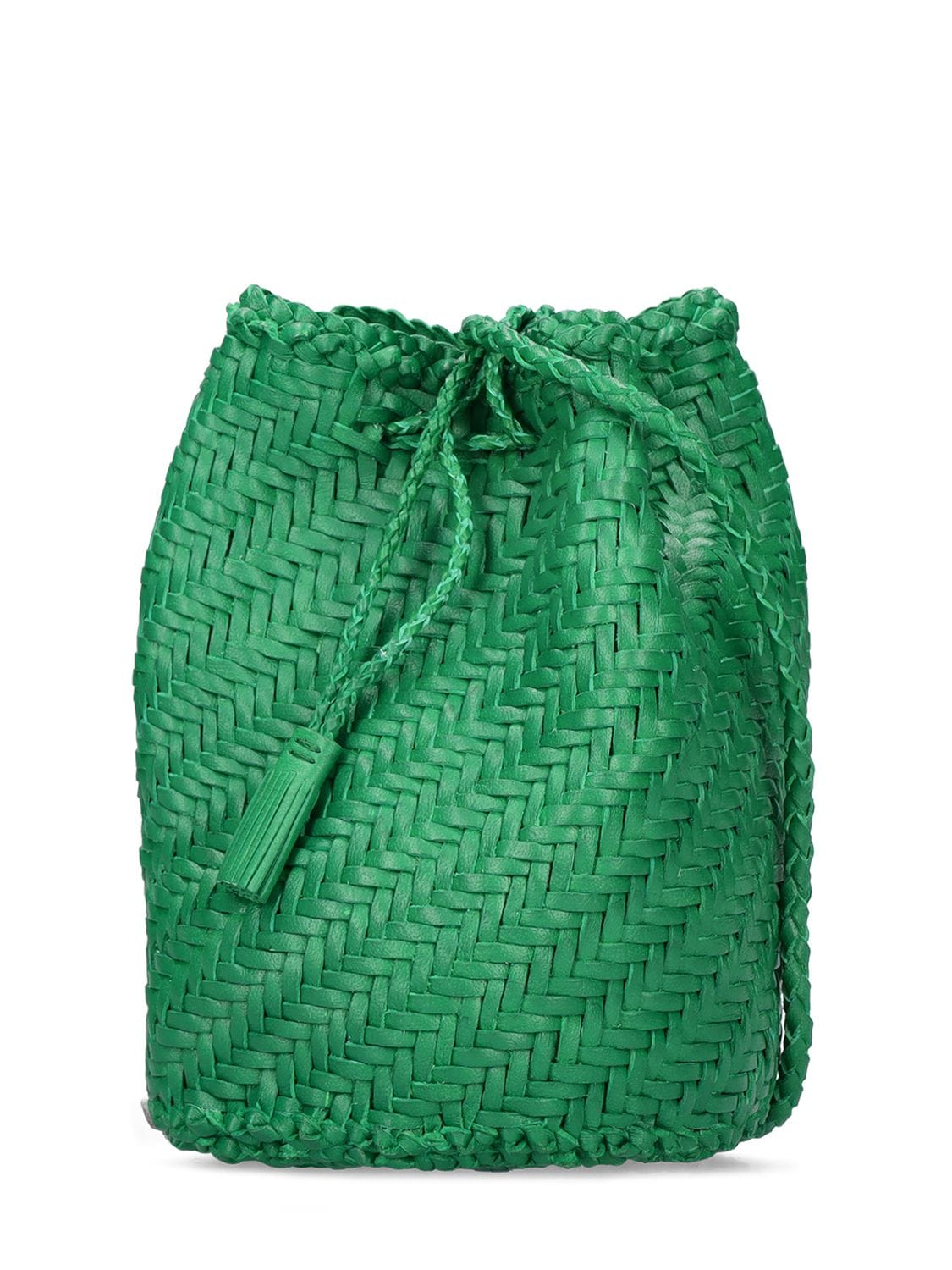 Dragon Diffusion Pompom Doublej Woven Leather Basket Bag In Lumino Green