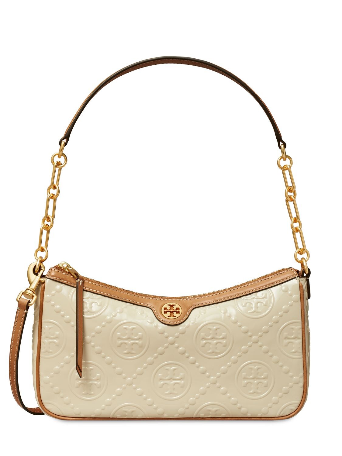 Tory Burch T Monogram Patent Leather Shoulder Bag In Cream | ModeSens