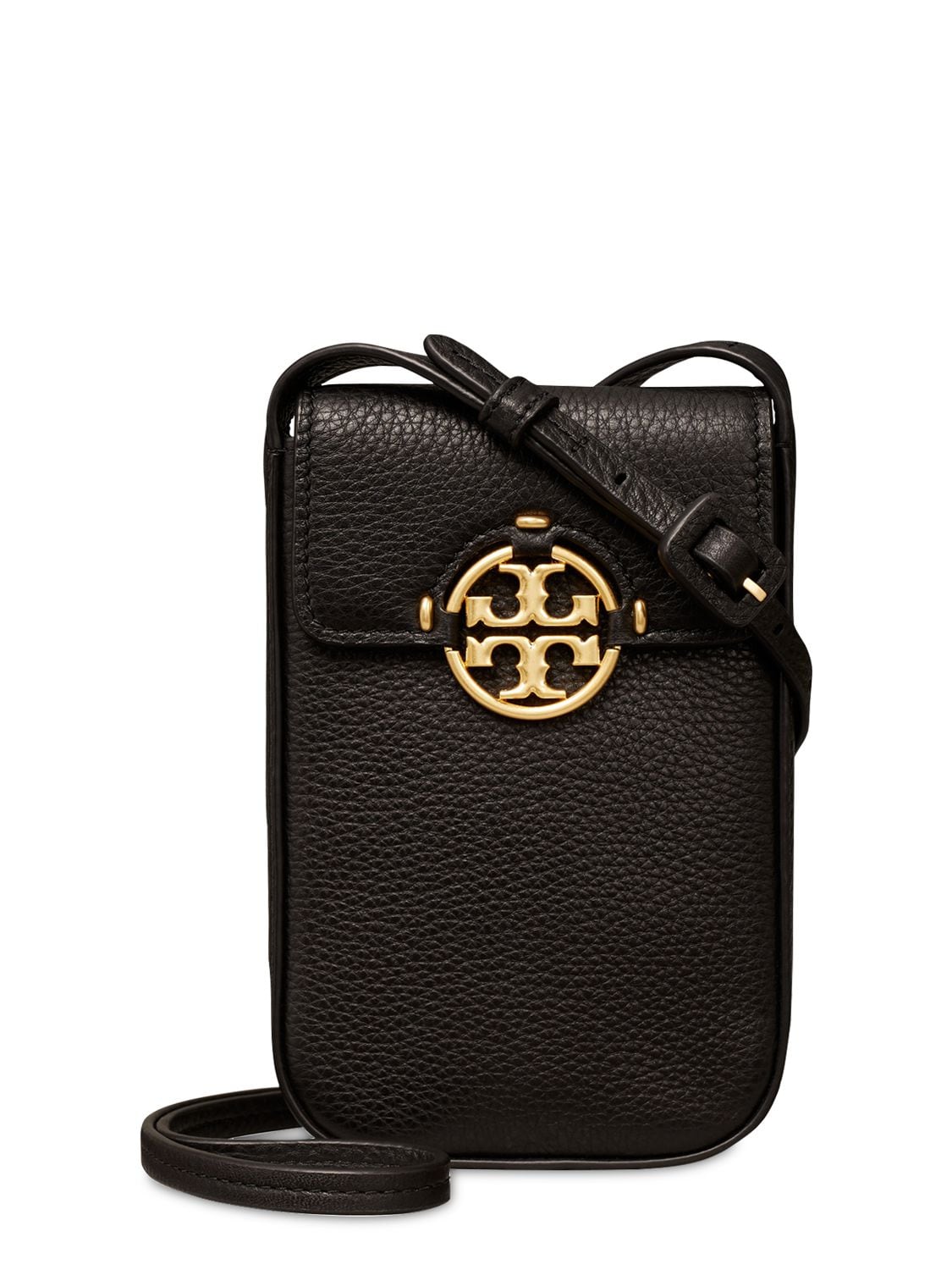 Tory Burch Miller Leather Phone Case W/ Strap In Black