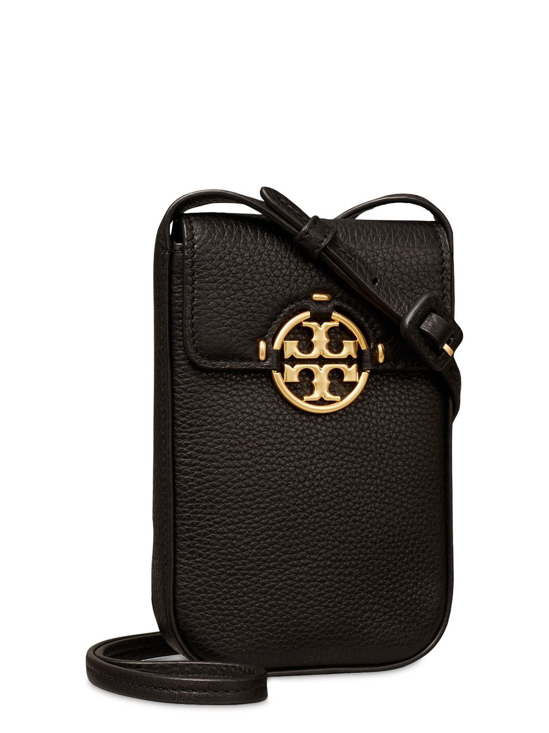 Shop Tory Burch Miller Leather Phone Case W/ Strap In Black