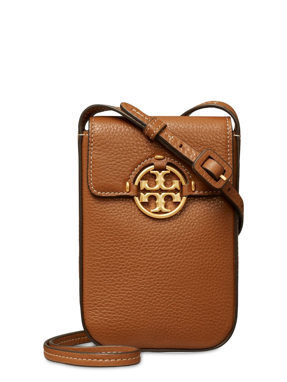 Tory Burch Miller Leather Phone Case W/ Strap In Light Umber