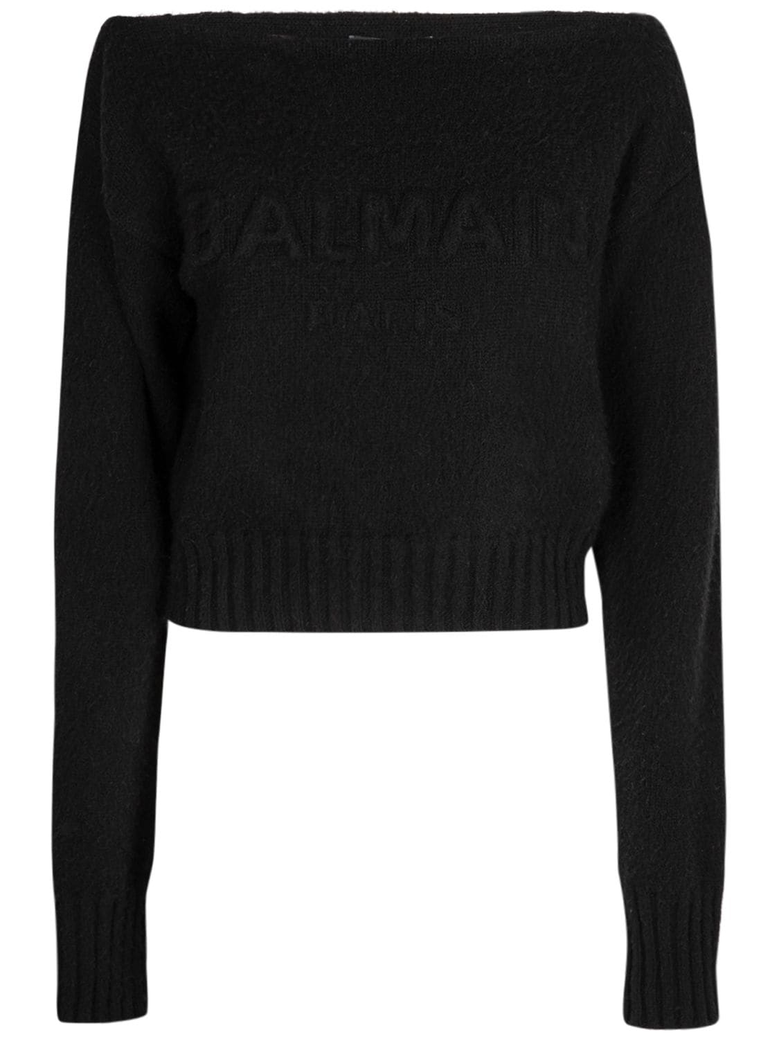 Balmain Logo Wool Blend Knit Off-shoulder Jumper In Black | ModeSens