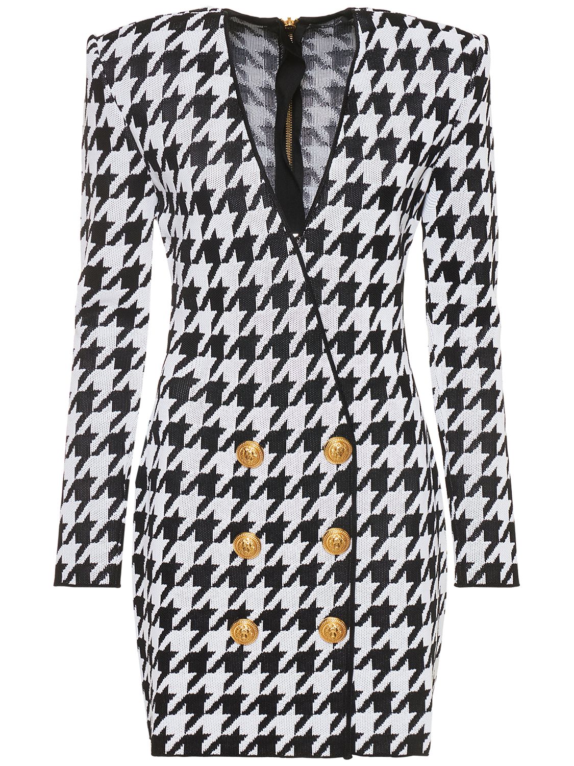 Balmain Double-breasted Houndstooth-knit Blazer Dress In Black,white