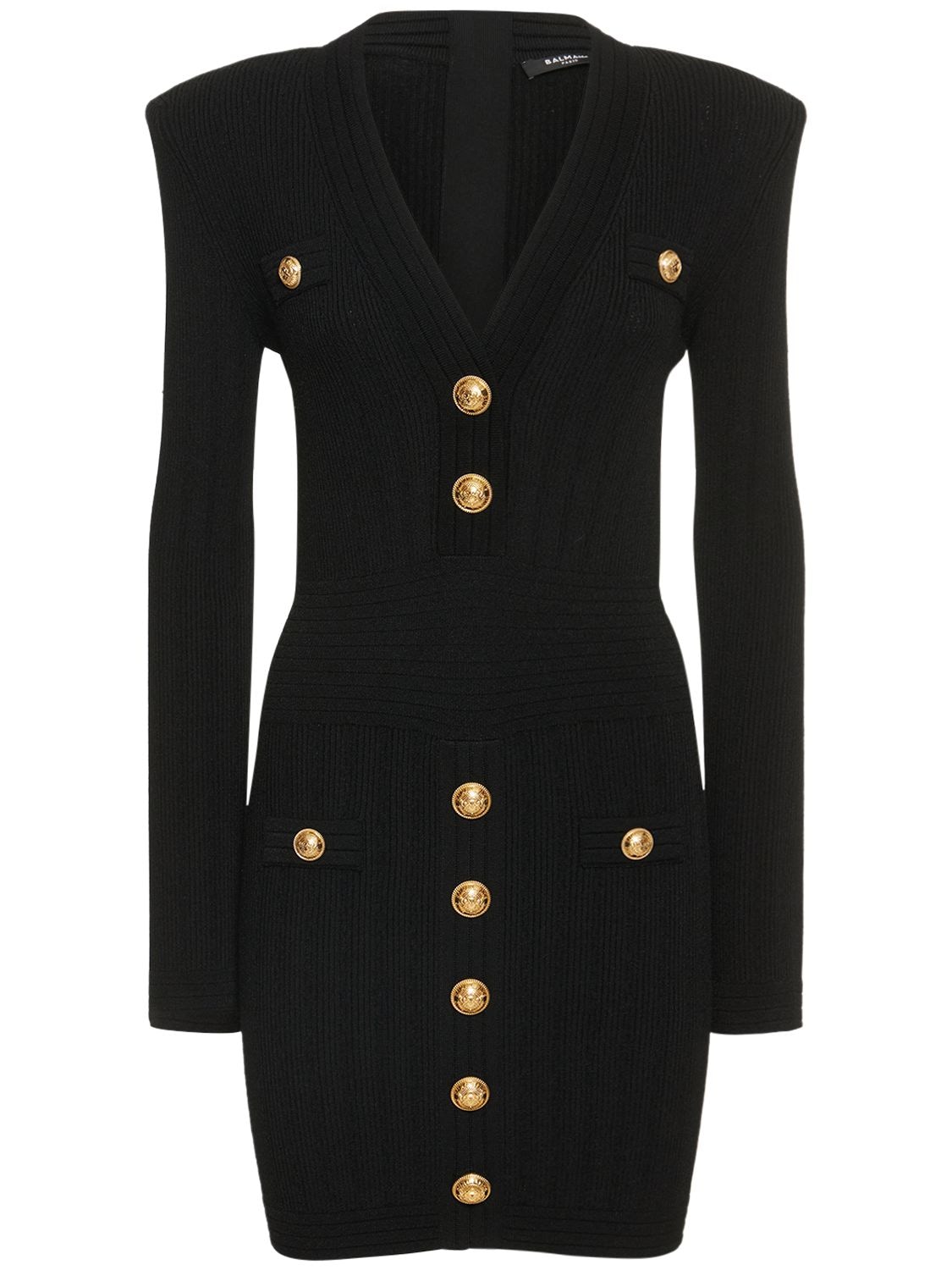 Shop Balmain Viscose Blend Knit Buttoned Mini Dress In Black