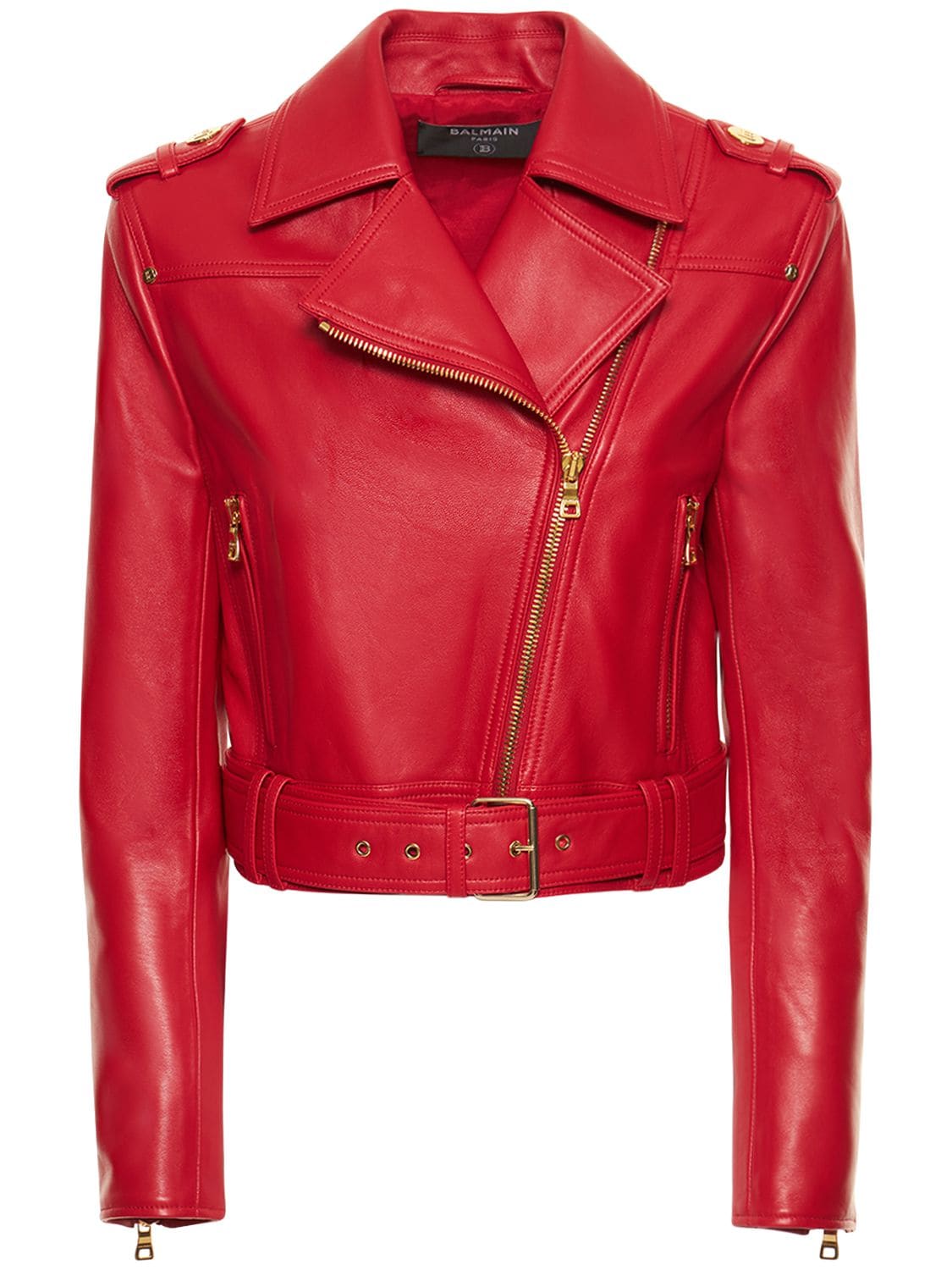Balmain Belted Leather Crop Jacket In Red ModeSens