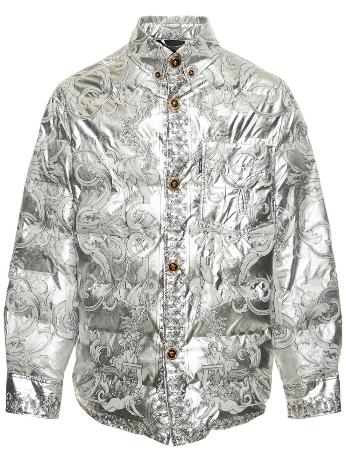 Silver Baroque Print Poly Puffer Jacket