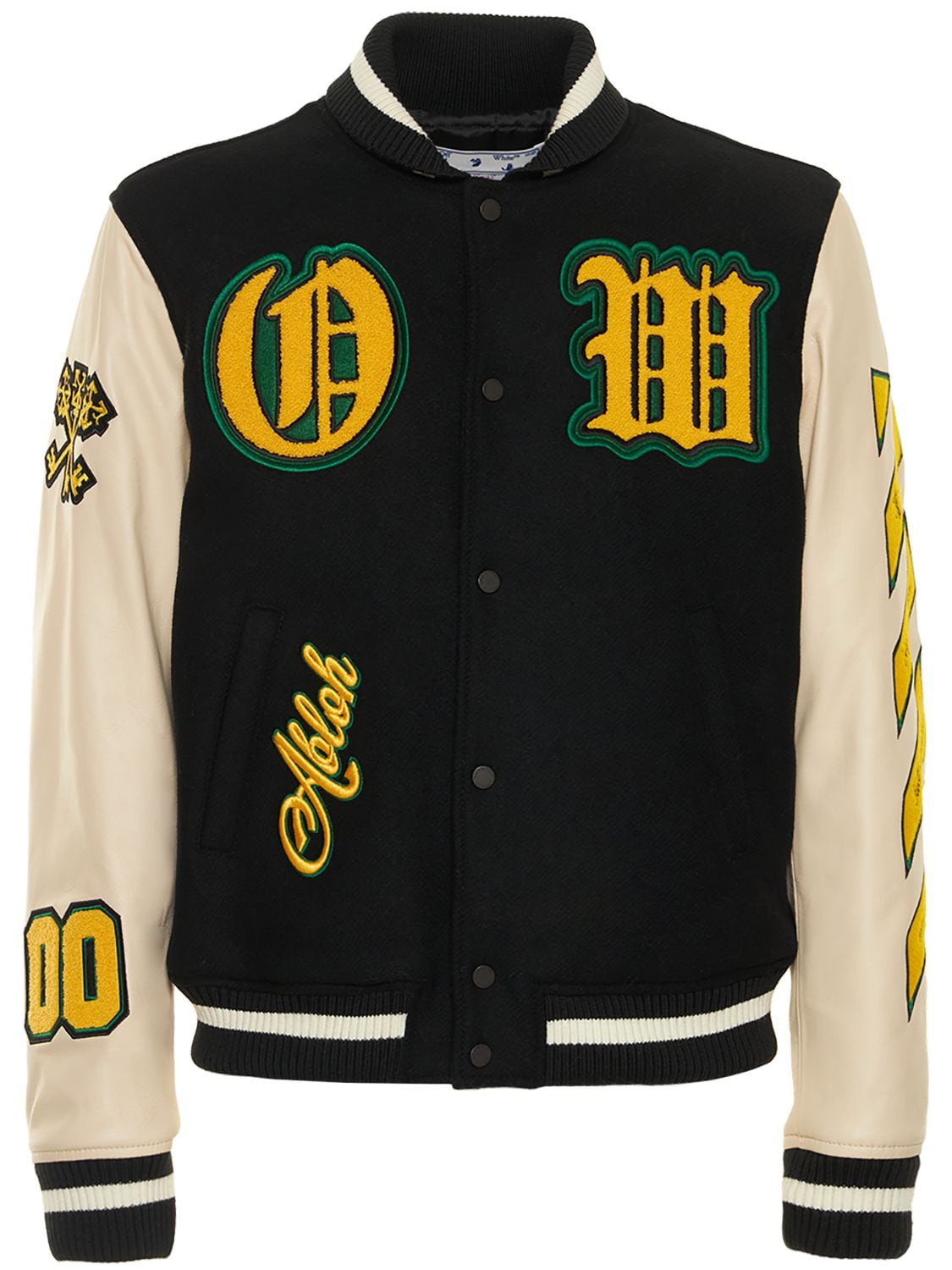 Shop Off-white Ow Wool & Leather Varsity Jacket In Black,yellow