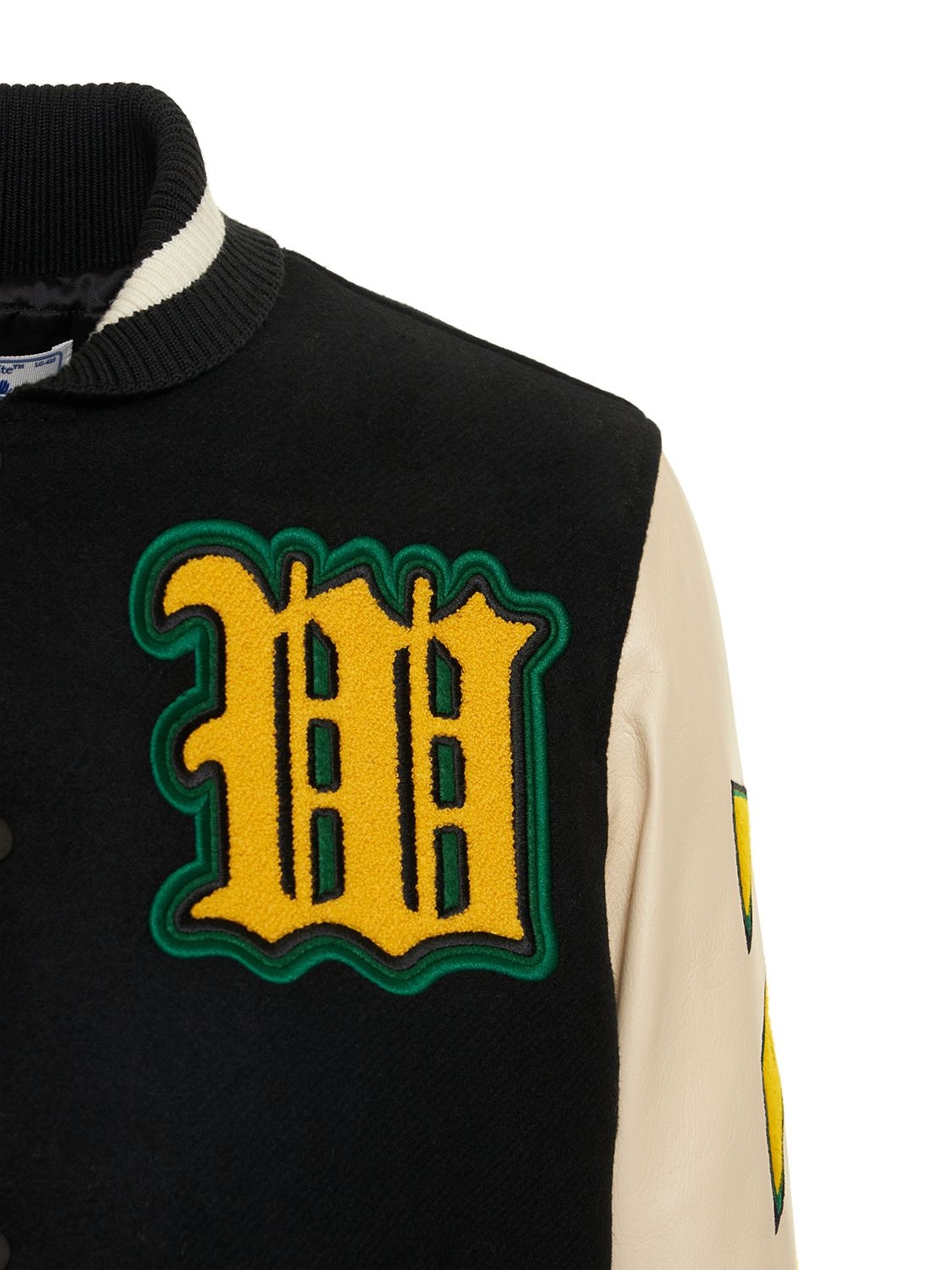 Shop Off-white Ow Wool & Leather Varsity Jacket In Black,yellow