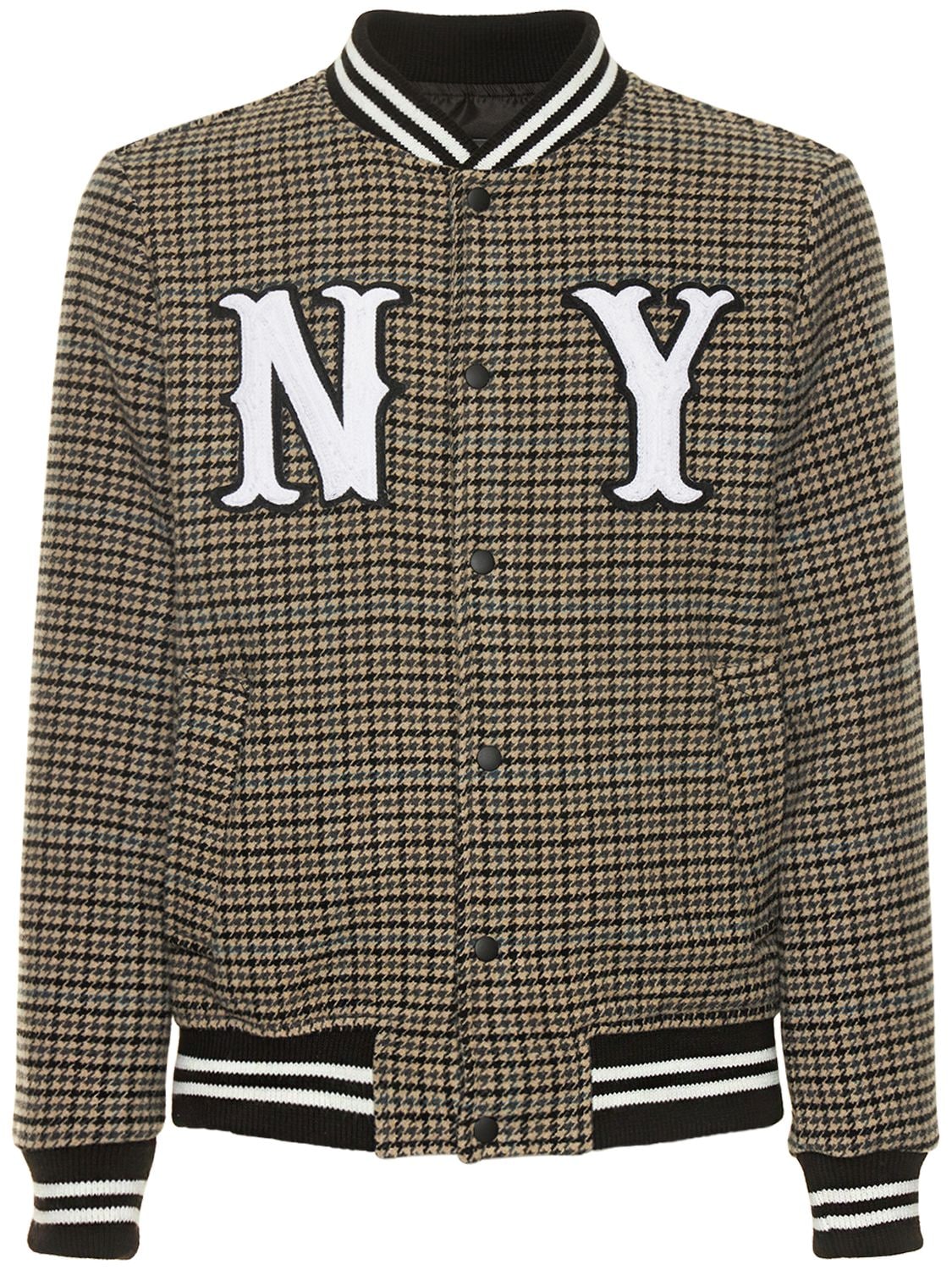 Front Street 8 Wool Blend Varsity Jacket W/ Ny Patches In Beige