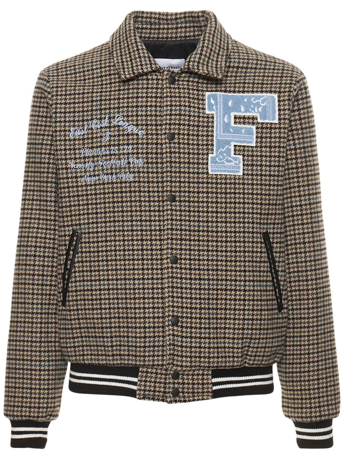 Front Street 8 Wool Bend Varsity Jacket W/patches In Beige