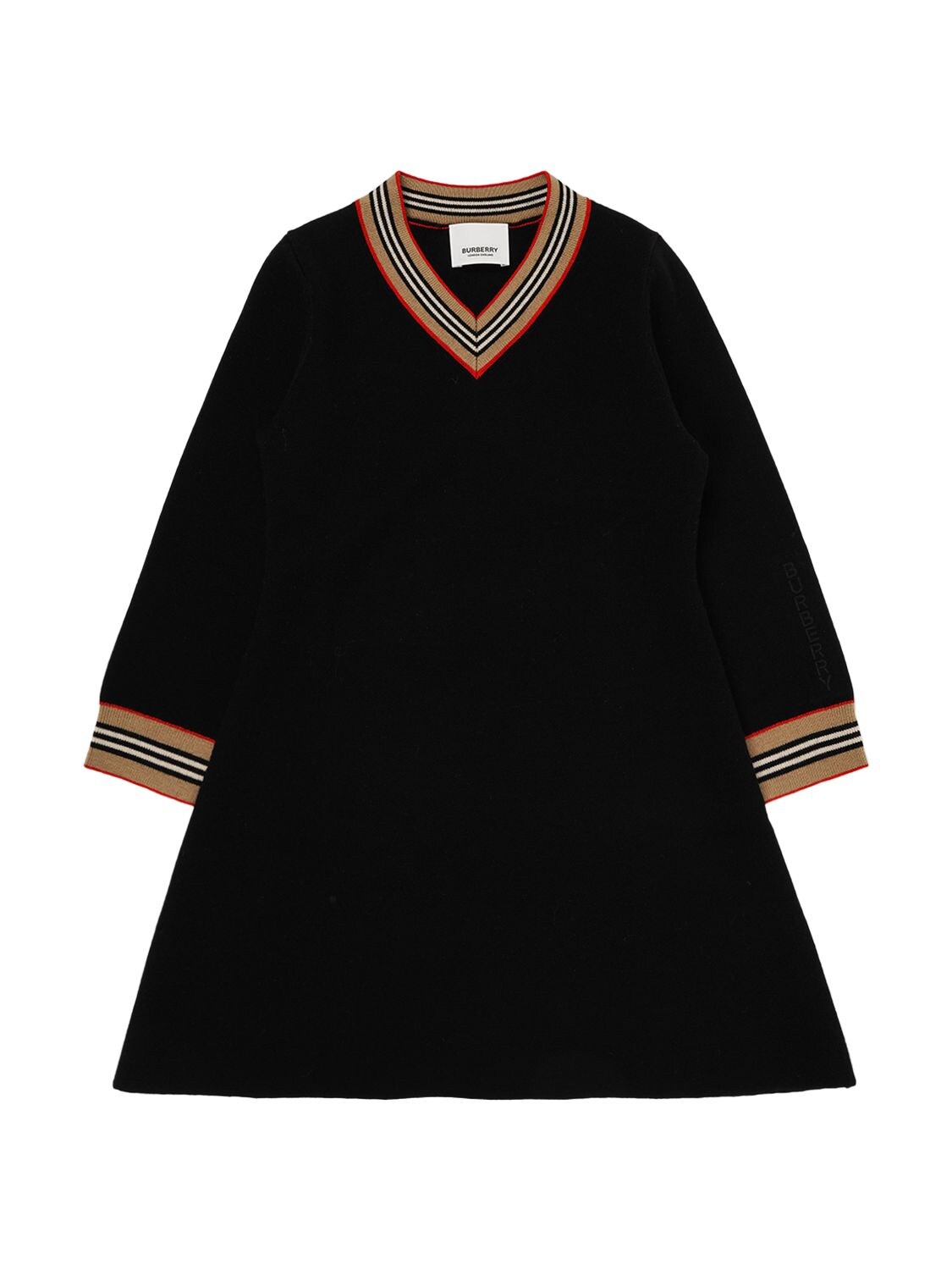 Shop Burberry Wool Blend Dress W/ Icon Stipe Intarsia In Black