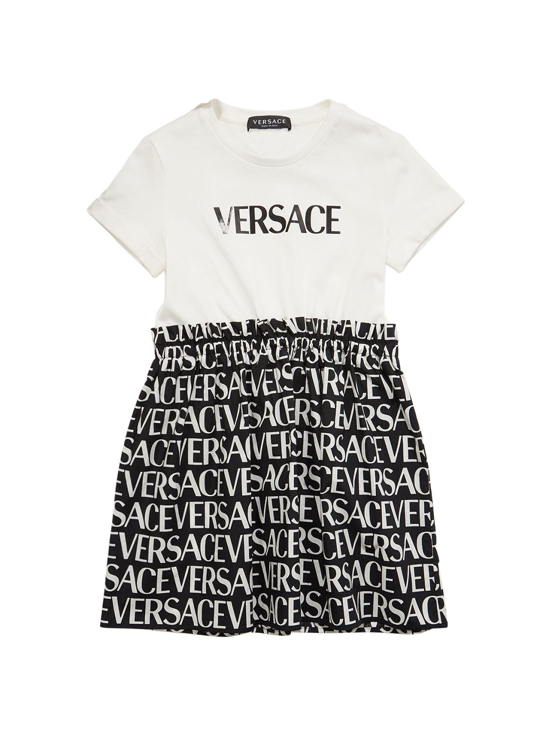 Versace Kids' Logo Print Jersey & Poplin Midi Dress In White,black