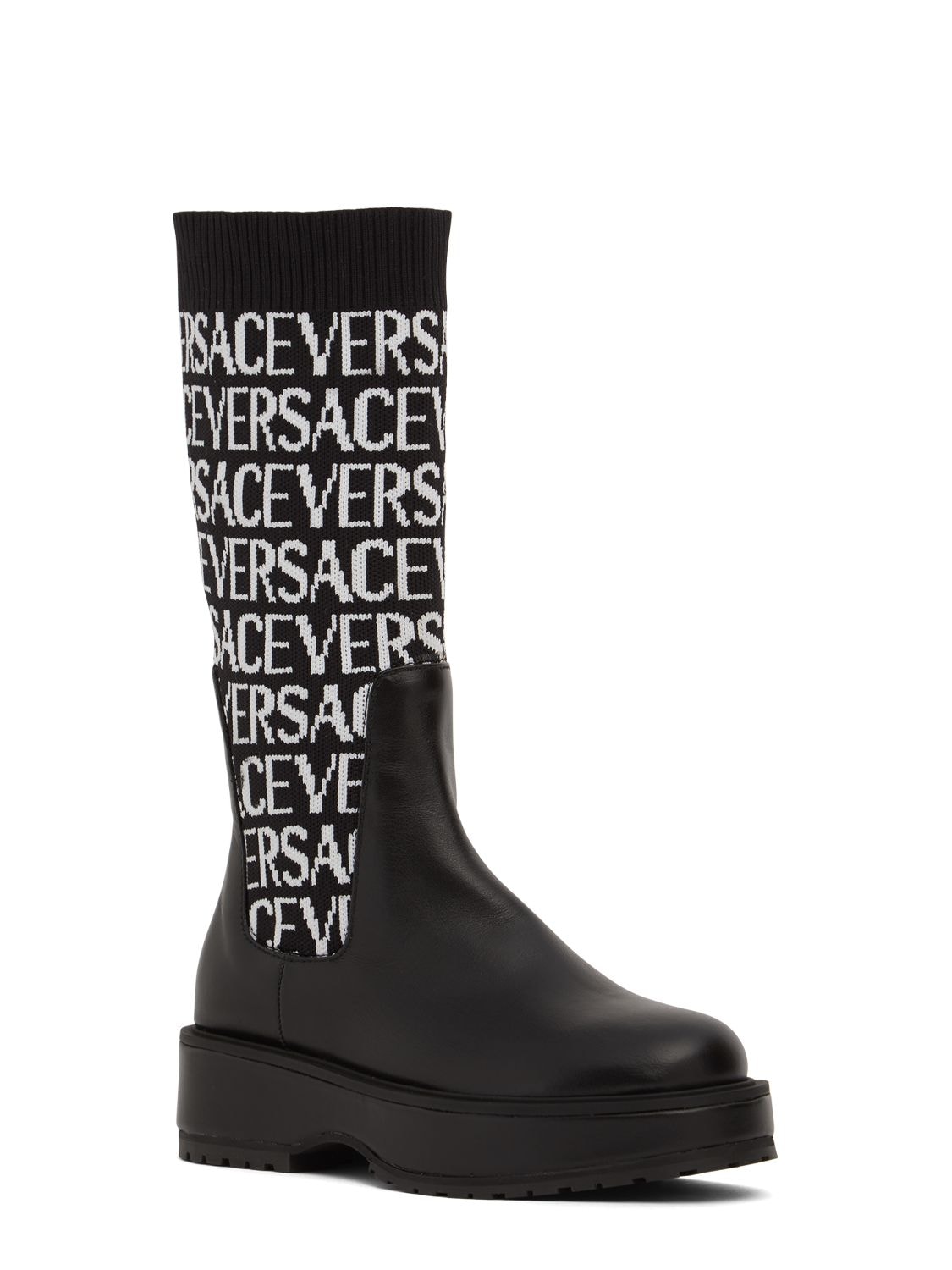 VERSACE LOGO JACQUARD KNIT & LEATHER TALL BOOTS 