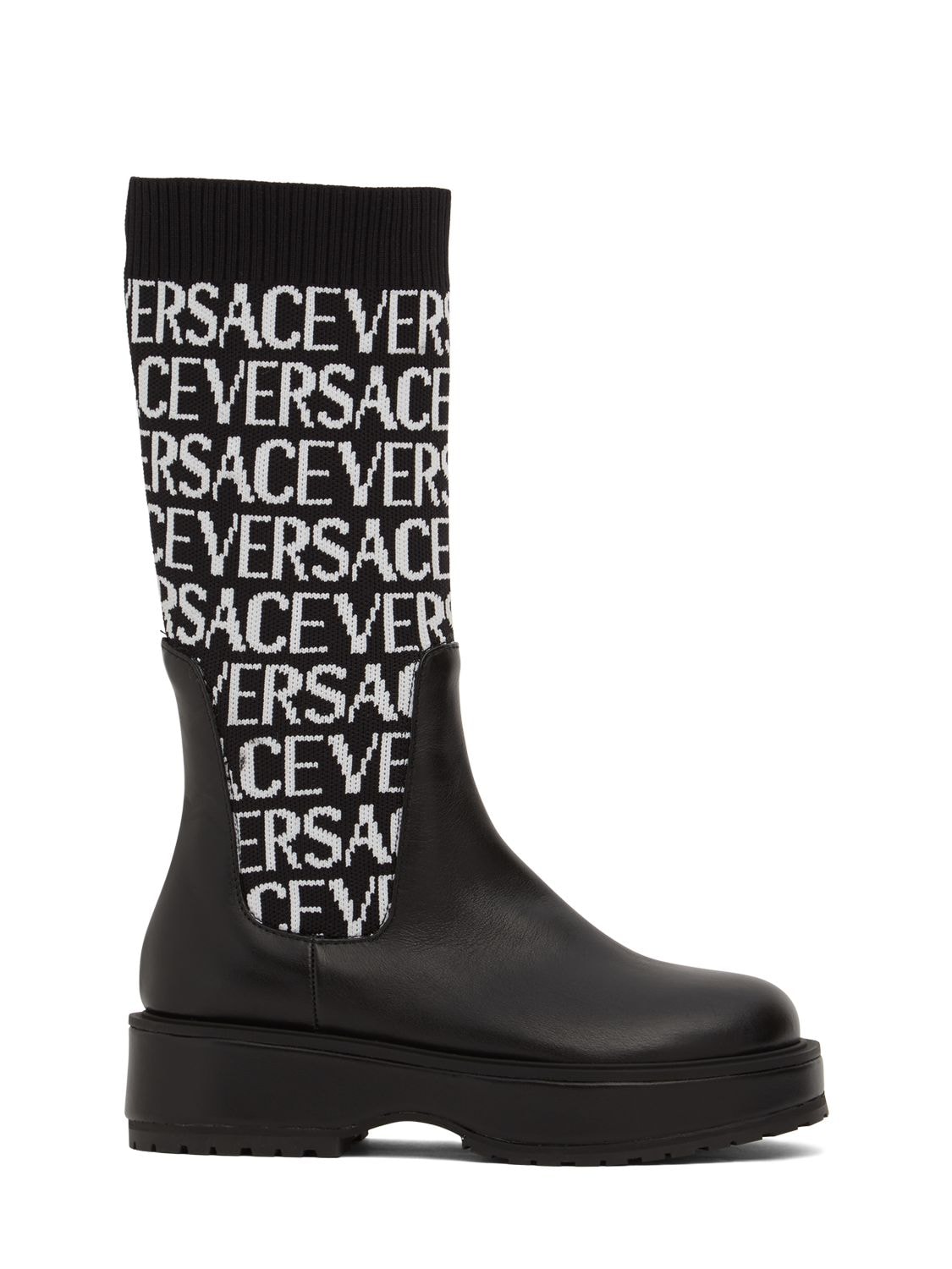 VERSACE LOGO JACQUARD KNIT & LEATHER TALL BOOTS