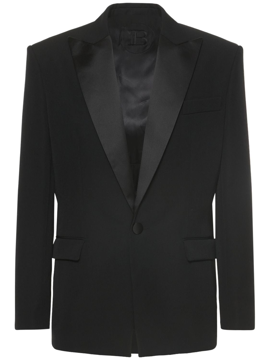 Balmain Tailored Fit Wool Blazer W/ Satin In Black