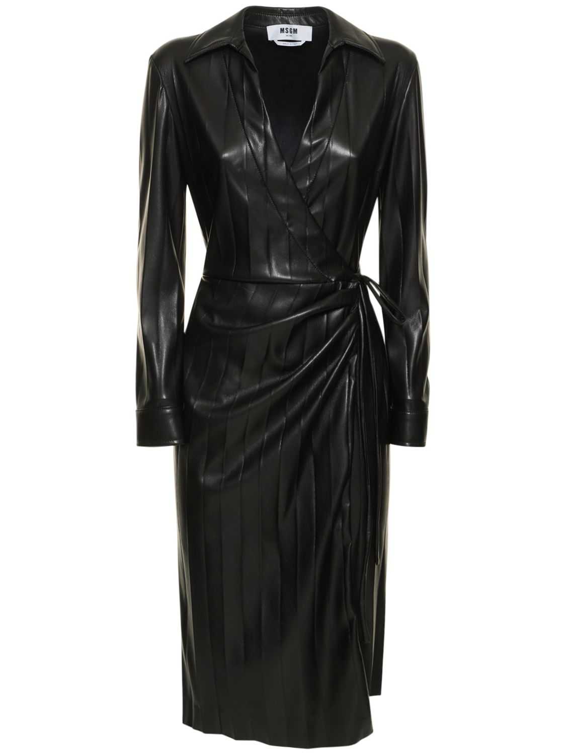 Msgm Black Faux-leather Midi Dress In Black