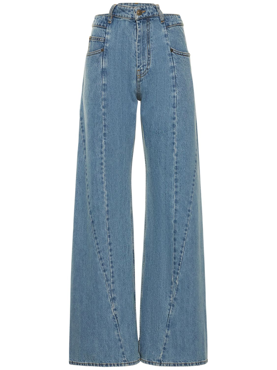 Image of Asymmetric Wide Leg Cotton Denim Jeans