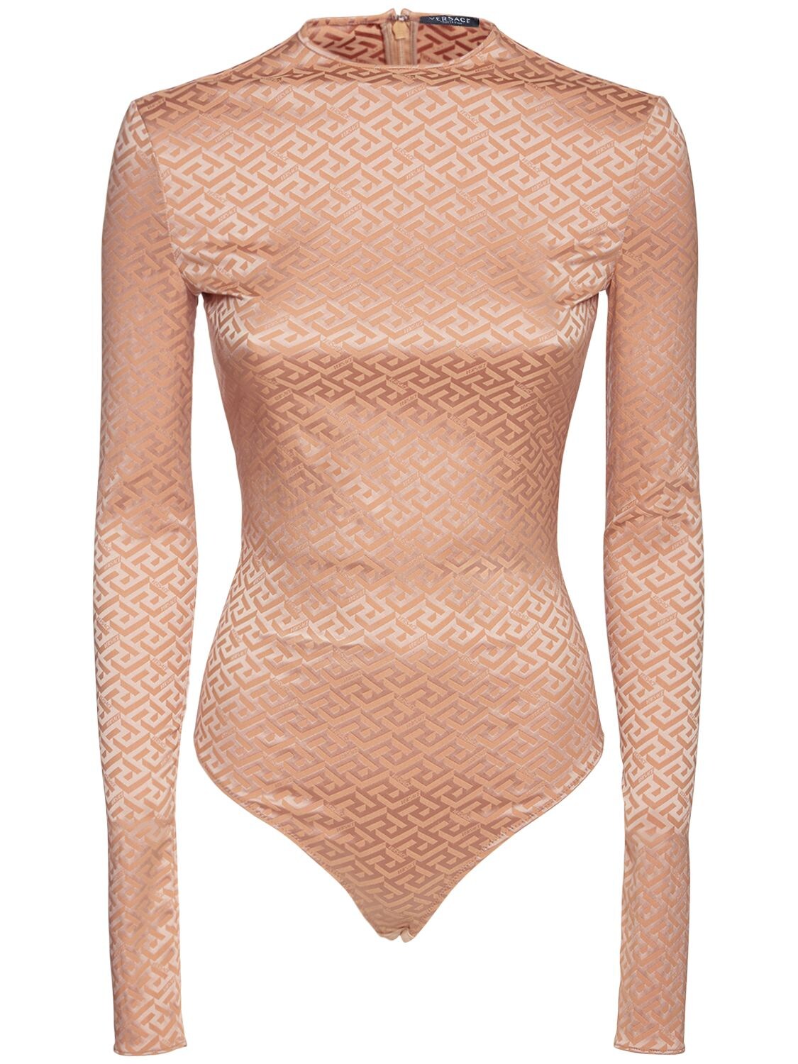 Versace Long Sleeve Monogram Bodysuit In Pale Nude | ModeSens