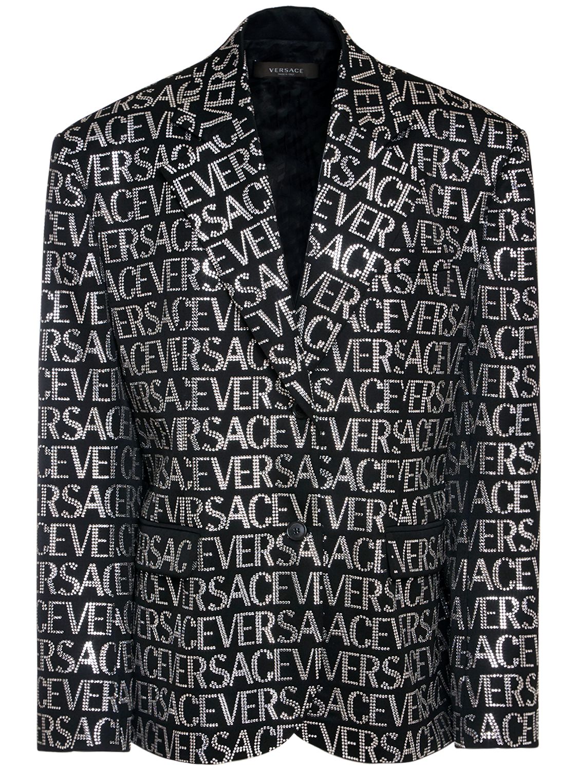 Versace Embellished Logo Oversize Wool Blazer In Silver