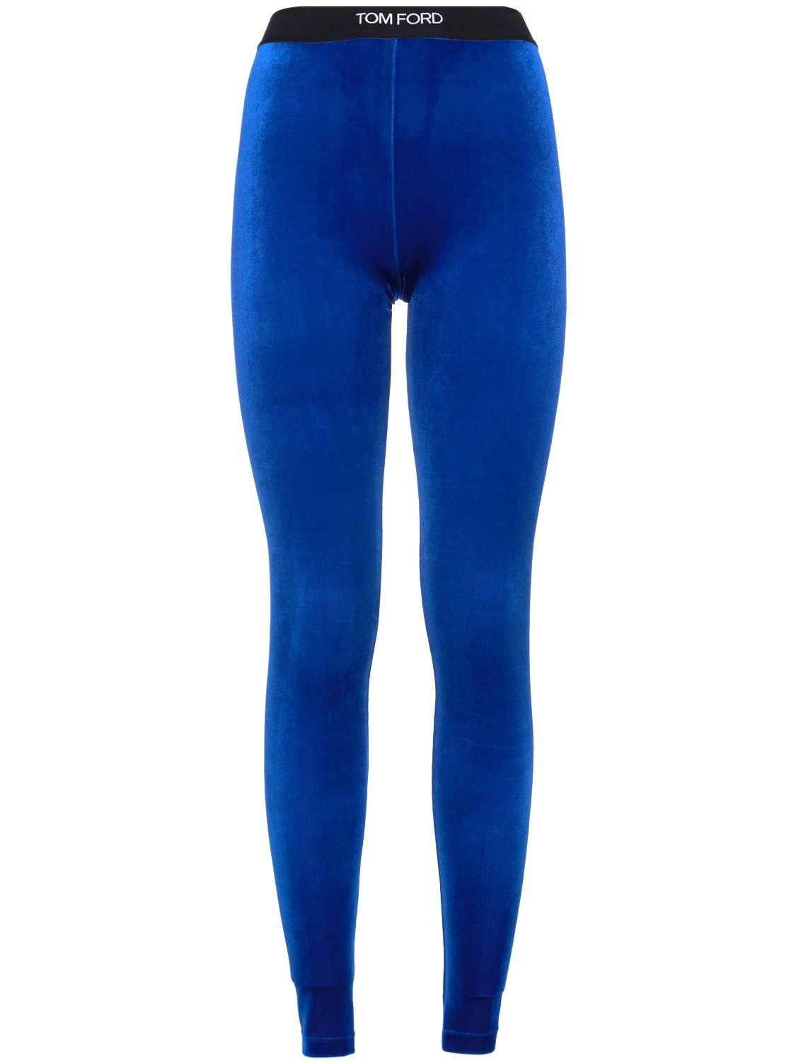 Shop Tom Ford Stretch Velvet Logo Leggings In Blue