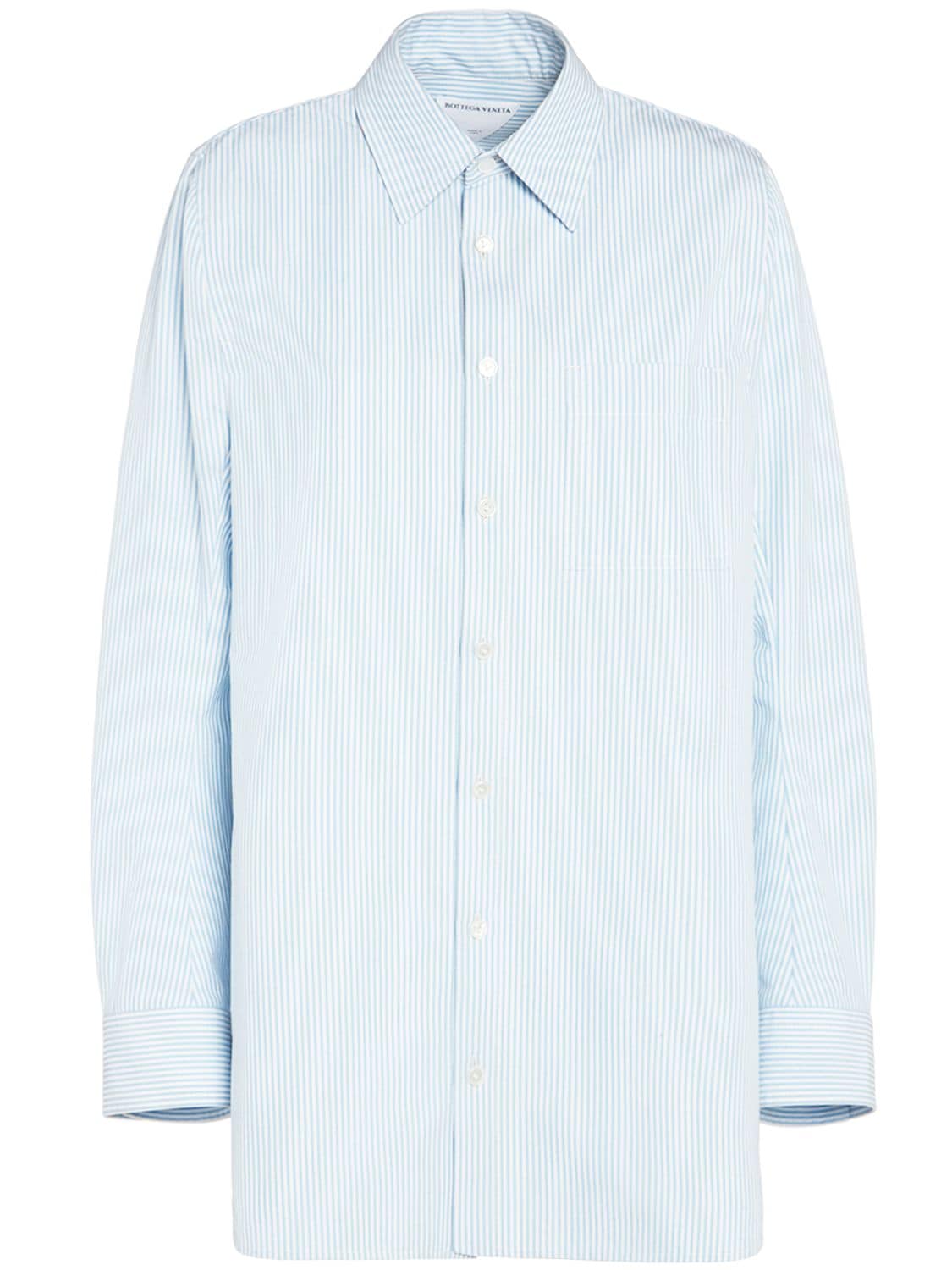 Bottega Veneta Cotton Shirt Dress In Light Blue,white