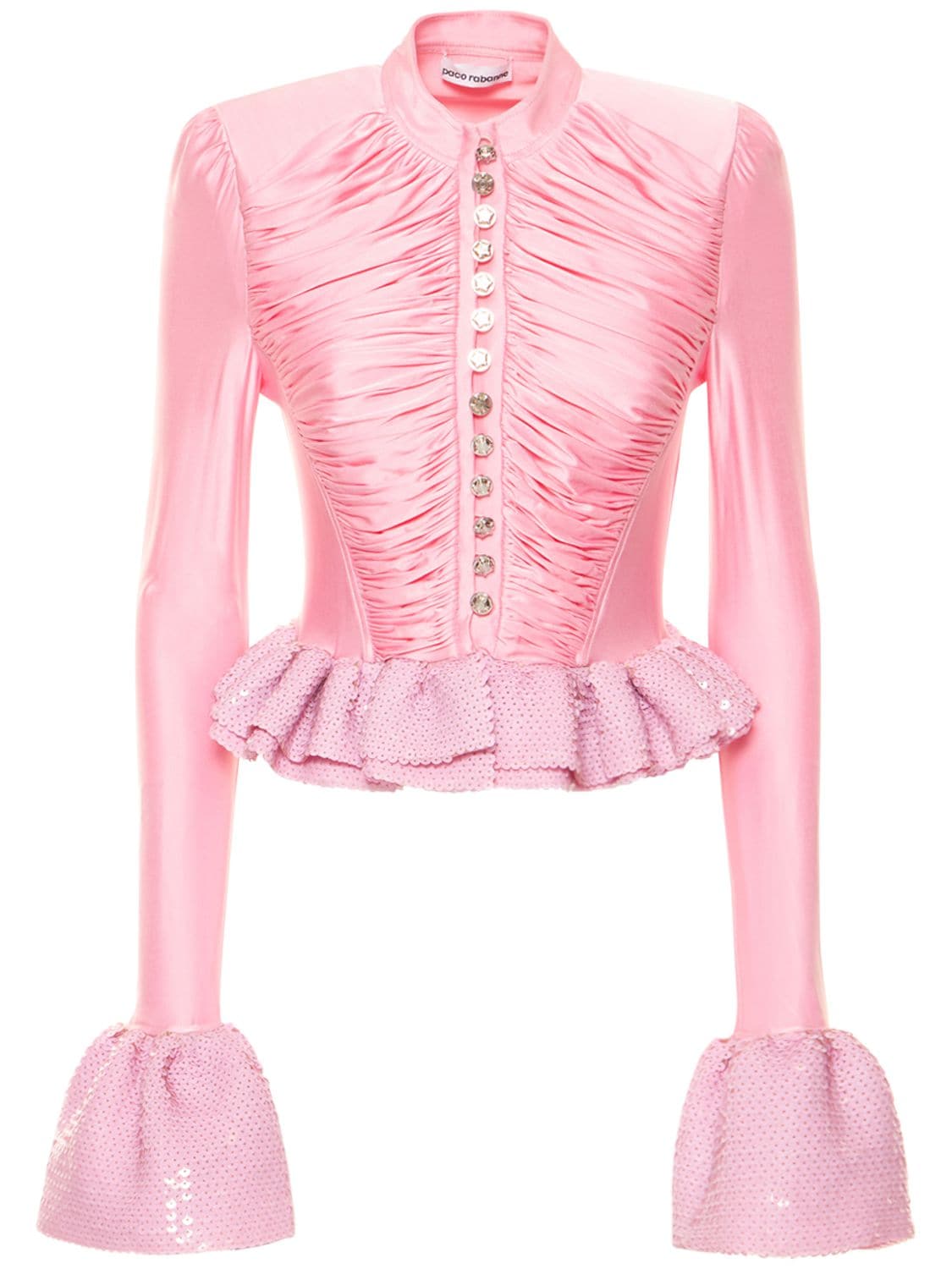 Shiny Ruched Jersey Top W/ Ruffles