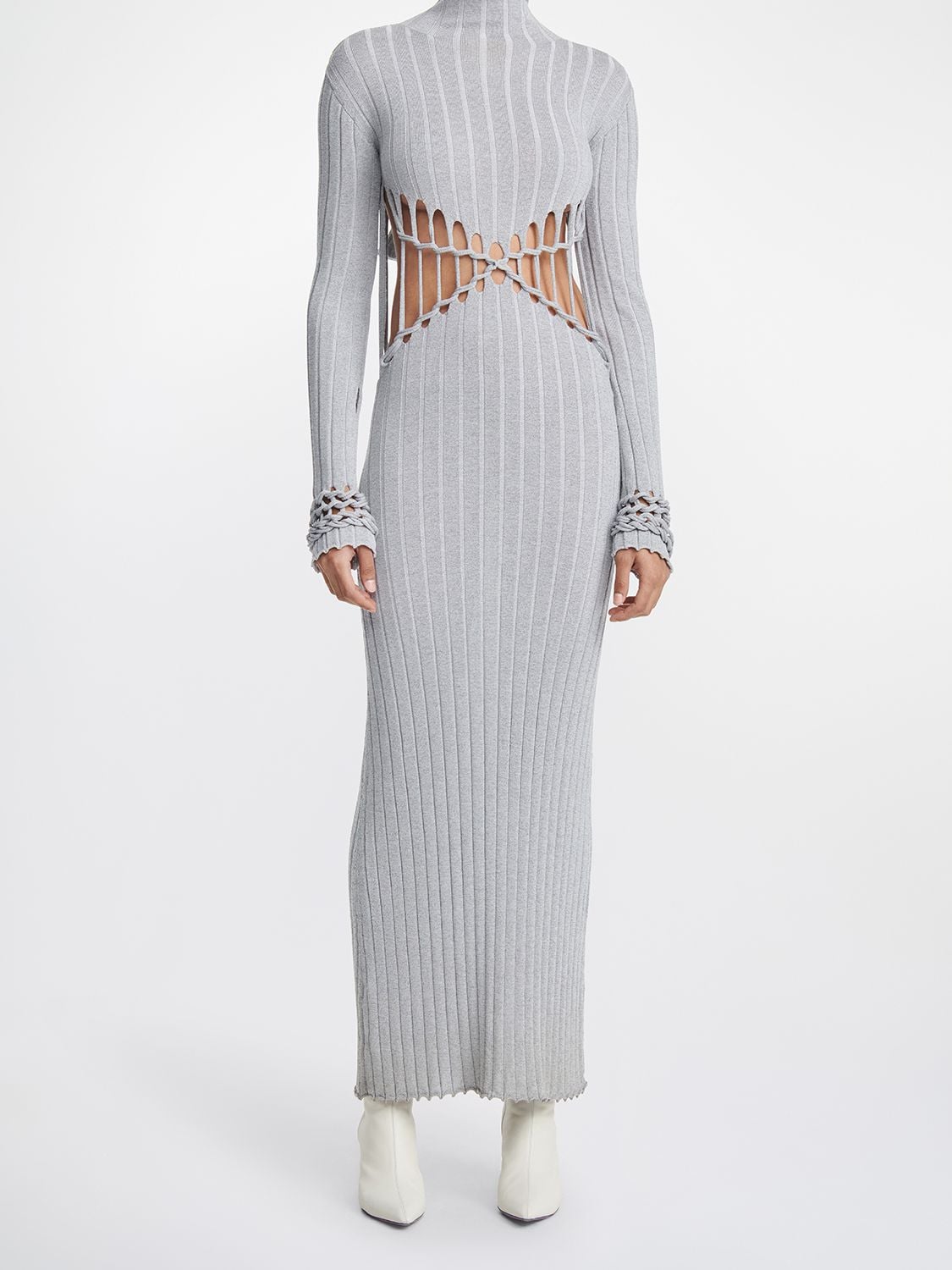 Dion Lee Light Reflective Braided Cuff Cutout Long Sleeve Sweater Dress In  Silver,grey | ModeSens