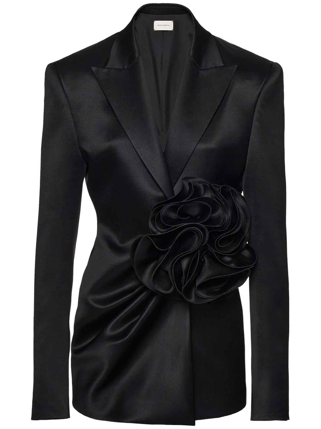 Magda Butrym Wool Satin Blazer Dress W/ Flower In Black