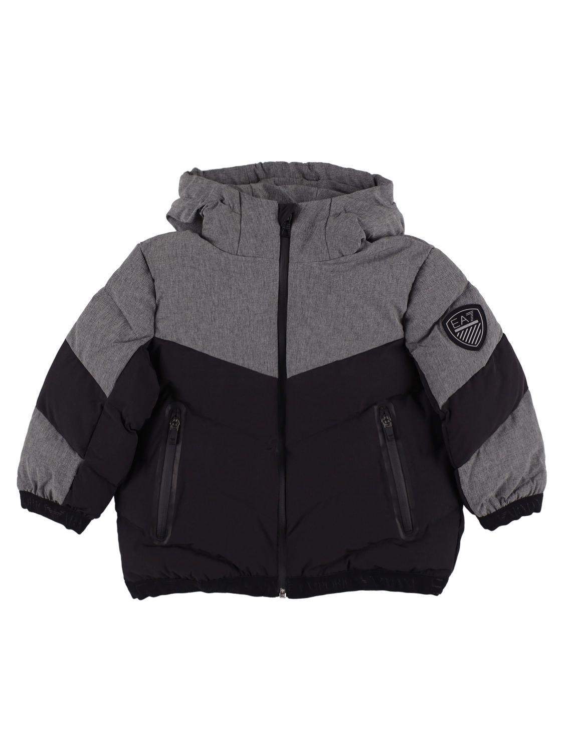 Ea7 Kids' Color Block Recycled Poly Puffer Jacket In Black,grey