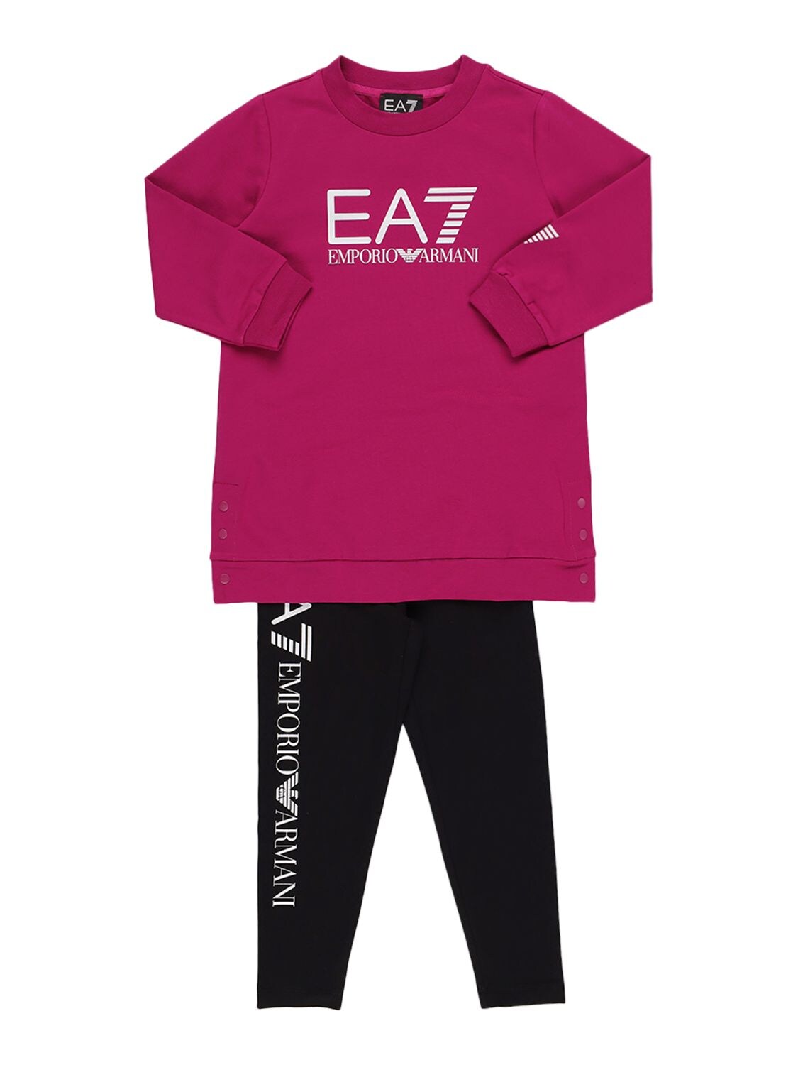 Ea7 Kids' Logo Print Cotton Sweatshirt & Leggings In Fuchsia,black