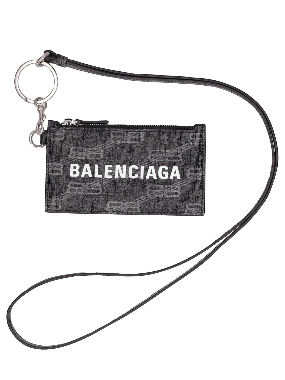 Balenciaga Faux Leather Zip Card Holder W/ Keyring In Black,grey