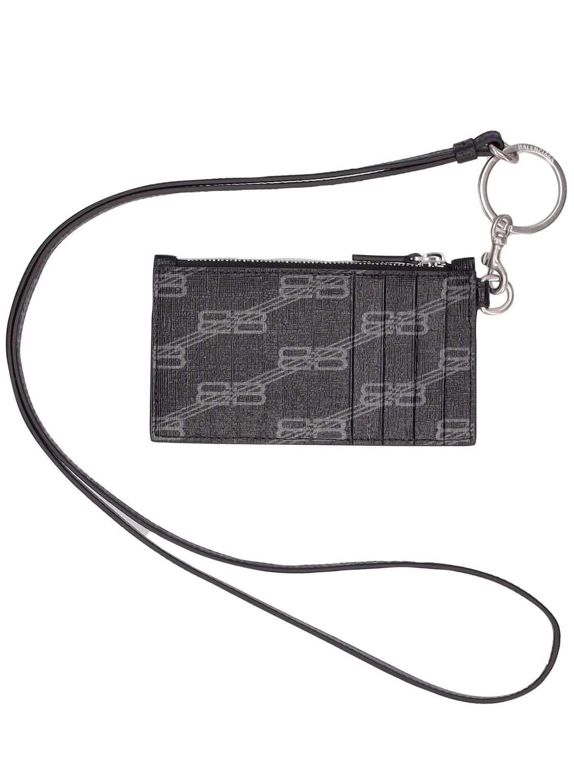 Shop Balenciaga Faux Leather Zip Card Holder W/ Keyring In Black,grey
