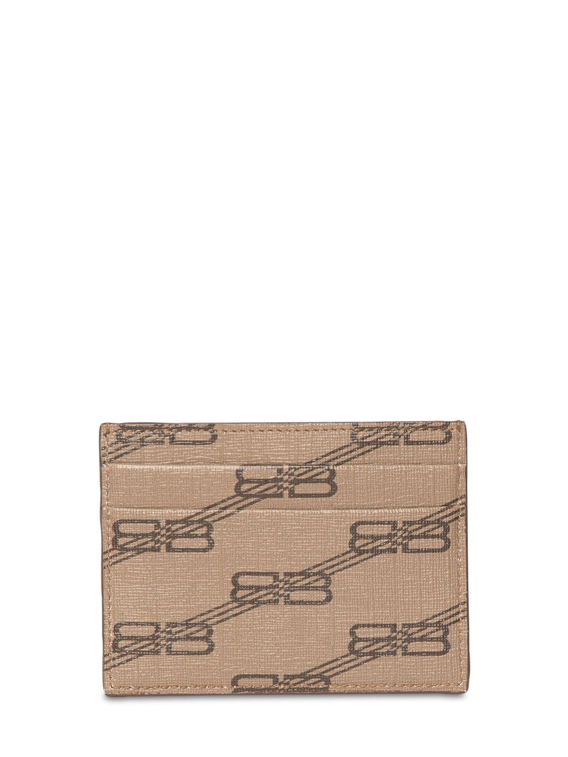 Shop Balenciaga Logo Printed Faux Leather Card Holder In Beige,brown