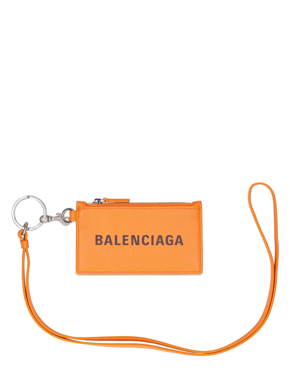 Balenciaga Faux Leather Zip Card Holder W/ Keyring In Pop Orange