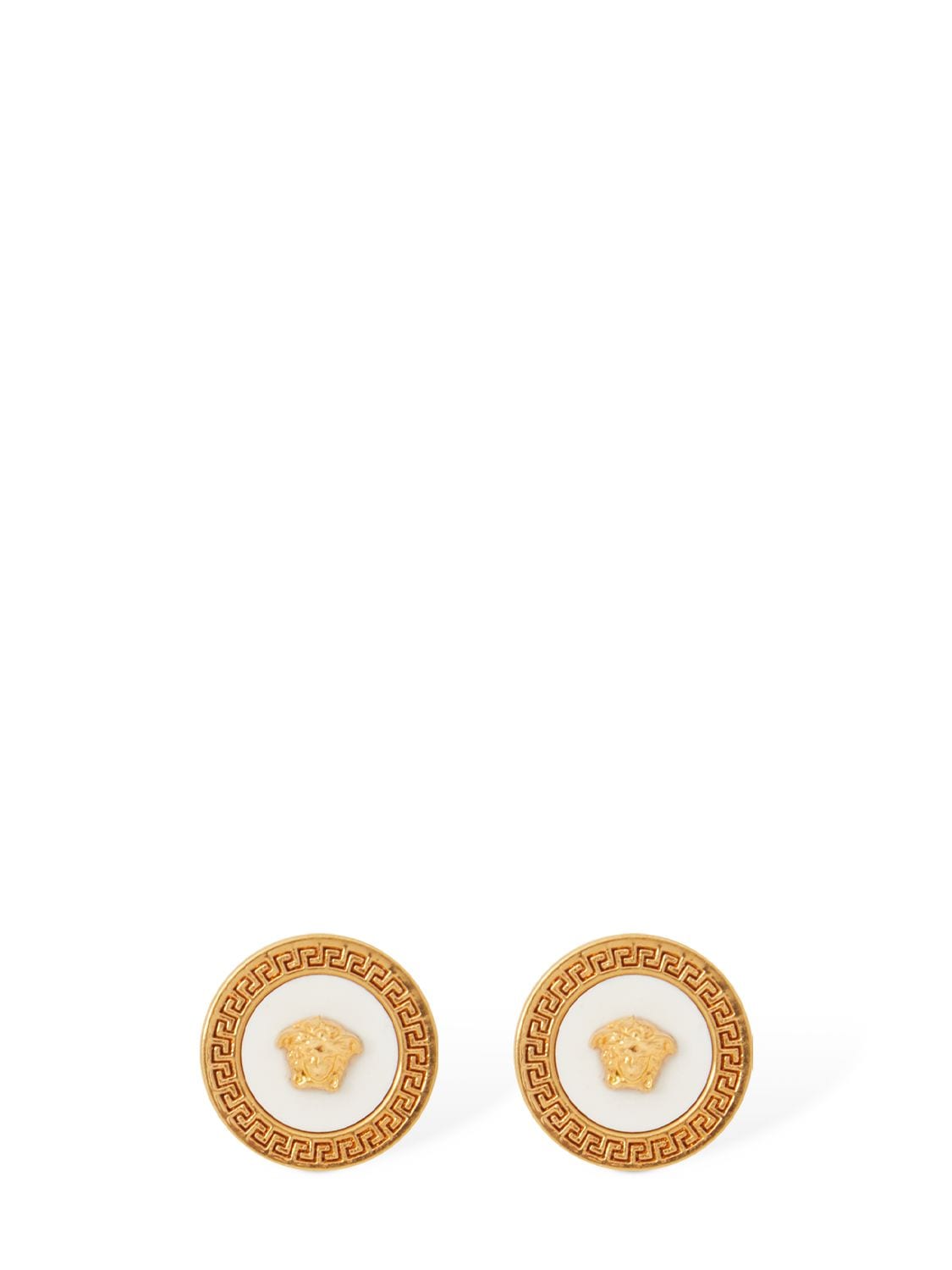 Versace Greek Motif & Medusa Stud Earrings In Gold,white